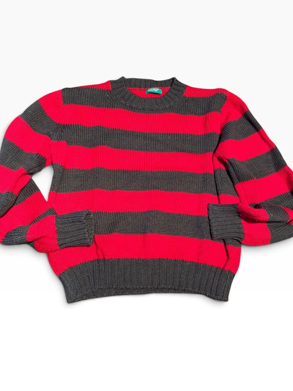 Vintage Benetton wool blend Red and olive  Striped Crewneck Sweater M